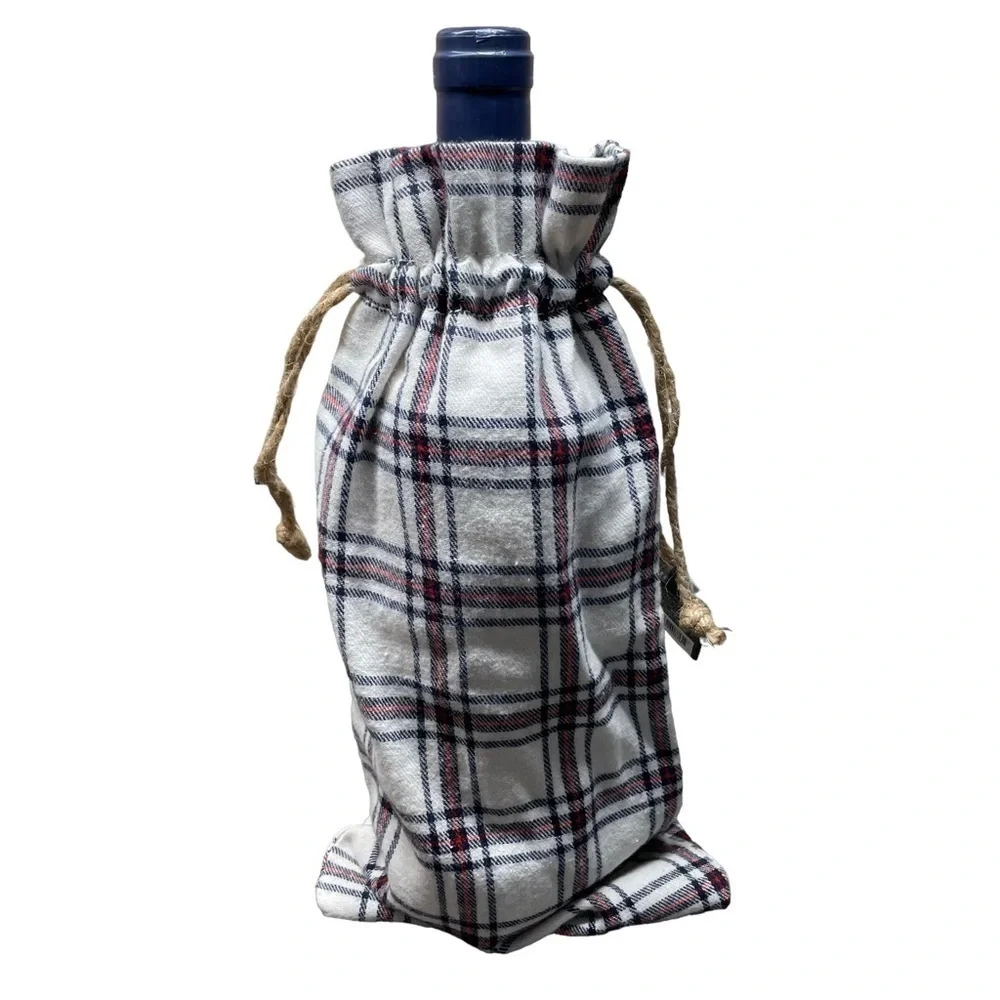 Threshold Plaid Holiday Christmas Fabric Drawstring Wine Bag and four Coasters